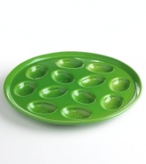 Fantastic for any casual get-together, the Fiesta egg plate comes in fun mix-and-match colors to lend your home an air of celebration. In lead-free china, this dish stands up to dishwasher, oven and microwave use.