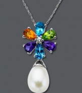 Add a slash of color! Vivid pear-cut blue topaz (1 ct. t.w.), citrine (3/8 ct. t.w.), amethyst (3/4 ct. t.w.), peridot (3/8 ct. t.w.), white topaz accents and a cultured freshwater pearl drop (8 mm x 10 mm) create a winning combination on this sterling silver necklace. Approximate length: 18 inches. Approximate drop: 1 inch.