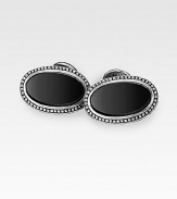 Sleek, smooth onyx stones are set into finely engraved sterling silver. About 1 X ½ Made in USA