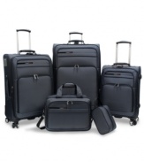 1, 2, trip! It's easy to get packed up & get going with this durable 5-piece set. From upright spinners to a spacious tote to a versatile utility kit, this collection sets up trips of all lengths and offers thoughtful features like easy-glide wheels, expandable compartments, an add-a-bag strap, tie-down-straps for wrinkle-free arrivals and so much more!