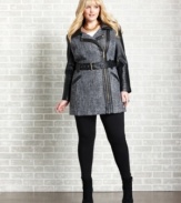 Stay chic in chilly temps with Baby Phat's plus size trench coat, featuring tweed and faux leather accents.