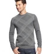 Sophisticated and always in style is this comfortable diagonal plaid crew neck sweater by BOSS Black.