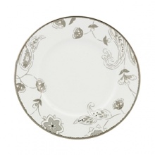 A soft floral motif is exquisite against white-bodied porcelain on Lenox's Paisley Terrace salad plate. Each piece showcases mica accents and is trimmed in gleaming platinum.