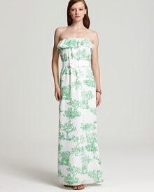 A playful toile print infuses this ruffle-detailed Lilly Pulitzer strapless maxi dress with stylish whimsy.