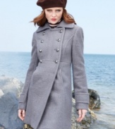 Kenneth Cole Reaction's coat uses double-breasted, military-inspired styling to give structure to a gorgeously nubby and totally charming boucle fabric.