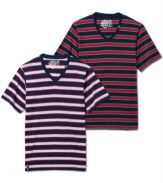 Bold stripes and contrasting colors play the central role in LRG's v neck closet staple.