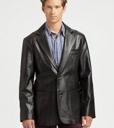 A classic silhouette makes a handsome first impression, and this tailored jacket is no exception. Structured in lustrous, lambskin leather with expert stitch detail across the body.Button-frontNotch lapelChest, waist welt pocketsRear ventAbout 31 from shoulder to hemLeatherDry cleanImported