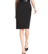 Calvin Klein adds a little edge to a classic pencil skirt with high-waisted silhouette and a double-wrap belt. Wear it with an array of coordinating tops from this stylish collection or others you already have at home.