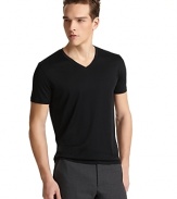 Single jersey melange v-neck tee, soft and luxe. Great stand alone tee.