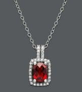 Add a little flame to your wardrobe with a colorful gemstone. Pendant features oval-cut garnet (1-1/5 ct. t.w.) with round-cut diamond (1/8 ct. t.w.) at the edges and in double rows at the bail. Crafted in 14k white gold. Approximate length: 18 inches. Approximate drop: 5/8 inch.