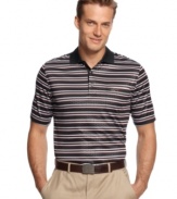 Bold horizontal golf shirt by Greg Norman for Tasso Elba has silhouettes of multi-circles on each stripe will make you a style standout and keep you dry with its unique wick away moisture fabric.