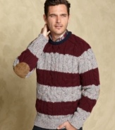 Professorial polish looks good this fall with this striped sweater with faux suede elbow patches from Tommy Hilfiger.