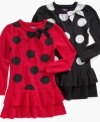 The lovely ladybug style of these sweater dresses from So Jenni are sweet, ruffled looks for fall.