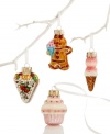 Indulge in a little holiday decorating with a box of sweet ornaments from Martha Stewart Collection. A gingerbread man, cupcake, ice cream and fruit cake in molded glass shimmer with scrumptious detail.