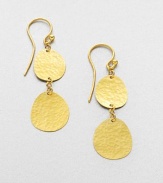 An elegant drop design with hammered 24k gold discs. 24k goldDrop, about .5Hook backImported 