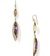 Statement style from Melinda Maria. Here, amethyst marquis earrings are encrusted in gold and make a cool complement to your LBD.