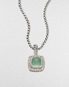 From the Petite Albion Collection. An exquisite design with dazzling pavé diamonds surrounding an aqua chalcedony stone center set in sterling silver on a box link chain. Aqua chalcedonyDiamonds, .2 tcwSterling silverLength, about 17Pendant size, about ¼Lobster clasp closureImported 