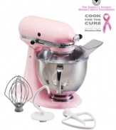 Bake for something better. This classic KitchenAid Artisan Stand Mixer, in the same shade of pink as the Breast Cancer Awareness ribbon, makes a statement of compassion while delivering the performance you've come to expect. Easier to use than other stand mixers because of a uniquely styled tilting head and an ergonomically designed handle on the mixing bowl. One-year warranty. Model KSM150PS.