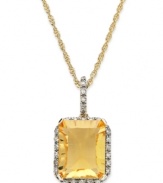 Captivating cool. This 10k gold necklace features an emerald-cut citrine (2-1/2 ct. t.w.) pendant surrounded by diamonds (1/8 ct. t.w.) for an appealing aesthetic. Approximate length: 18 inches. Approximate drop: 3/4 inch.