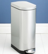 Small kitchens will appreciate the slim, space-saving design of simplehuman's high-capacity trash can. The rectangular shape fits unobtrusively in the corner, while advanced lidshox(tm) technology uses air suspension shocks to control the lid for a slow, quiet close. 10-year warranty.