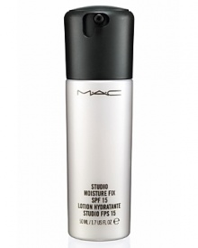 The no-grease, super-hydrating formula of Studio Moisture Fix with superlative protection from sun and environmental aggressions. Starts with broad spectrum UVA/UVB protection of SPF 15 that goes on sheer. Mega-moisturizing, rich, lightweight and fast-absorbing. Keeps skin plump and soft. Excellent prep for makeup. Releases moisture and emollients onto the skin continually/all day. Enhanced with mineral-enriched spring water, it' s an instant spritz of moisture with the benefits of protection.