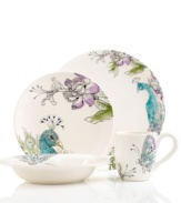 Full of rich detail, Peacock place settings liven up the table with dreamy botanical prints starring the colorful bird. Modern silhouettes in durable stoneware are designed to enjoy every day. From the Edie Rose by Rachel Bilson dinnerware collection.