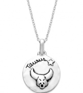 Patient, loving, reliable, & warm. Unwritten's chic Zodiak pendant features the signature Taurus design with these unique qualities listed on the reverse side. Set in sterling silver. Approximate length: 18 inches. Approximate drop: 3/4 inch.