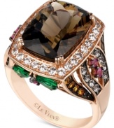 A spectacular spectrum from Le Vian. This cushion-cut ring, set in 14k rose gold, shows a vibrant touch with pear-shaped tsavorite (3/4 ct. t.w.), and round-cut rhodolite (1/5 ct. t.w.), citrine (1/5 ct. t.w.), white topaz (3/8 ct. t.w.) and blue topaz (1/4 ct. t.w.). Smokey quartz (5-1/2 ct. t.w.) enhances the appeal. Size 7.