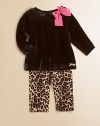 A plush velour tunic is adorned with a standout bow and Juicy signature and paired with cheetah-printed leggings for a wild ensemble.Round neckline with bowLong sleevesBack buttonsGathered bodicelLogo on hemElastic waistbandAnkle button detailCotton/SpandexMachine washImported Please note: Number of buttons may vary depending on size ordered. 