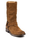 An updated take on a classic style, these Frye suede boots feature straps and harness rings and for cool-weather cache.