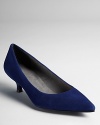 Stuart Weitzman injects classic pointed toe kitten heels with an exciting dose of color and texture in blue suede.