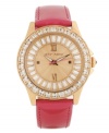 A burst of vivid gloss and shimmery shine packed into a darling timepiece, by Betsey Johnson. Crafted of fuchsia leather strap and round rose-gold tone stainless steel case. Bezel embellished with crystal accents. Textured rose-gold tone dial features ring of baguette-cut crystal accents, applied rose-gold tone Roman numerals at twelve and six o'clock, dot markers at three and nine o'clock, luminous hour and minute hands, signature fuchsia second hand and logo at twelve o'clock. Quartz movement. Water resistant to 30 meters. Two-year limited warranty.