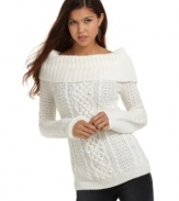 Snuggle up in JJ Basics' body-con sweater. Perfect for your fall-wardrobe, the cable knit detail is preppy-cool!