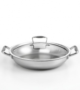 A kitchen favorite! The perfect everyday companion, this durable covered pan locks nutrients, moisture and flavor into incredibly well-cooked dishes. An aluminum encapsulated impact-bonded base provides quick and even heating to the durable stainless steel body of this versatile piece. Lifetime limited warranty.