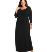 Look sensational and slender with Elementz' three-quarter sleeve plus size maxi dress, featuring a slimming panel inset and faux wrap design.