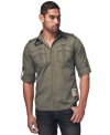 Climb the ranks. Your casual style will get top scores with this military-inspired graphic shirt from Affliction.