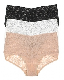 A soft stretchy lace V-kini in a vintage-inspired cut with a thick high-waist lace waistband.