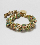 A radiant link chain wrapped with multi-colored thread for a truly unique and colorful style. Polyester threadGoldtone brassLength, about 6Lobster clasp closureMade in USA