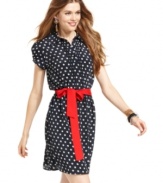 Finished with a bright belt that adds a pop of color, American Rag's polka dot dress is as charming as it is versatile. Style it with flats for a casual day look or heels for dinner with the fam.