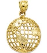 The world is yours for the keeping! Beautifully carved in 14k gold, this polished globe charm features old world appeal that dazzles upon any chain. Chain not included. Approximate drop length: 1 inch. Approximate drop width: 3/5 inch.