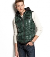 Take your street style and add a contemporary edge to it with this sleek hooded vest from Guess.