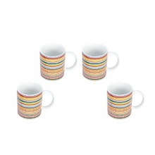 Vibrant and colorful sets of 4 mugs that will brighten up any table! Dishwasher and microwave safe.