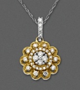 A diamond pendant that boasts a unique vintage-inspired design. You will cherish this 14k two tone necklace with multitudes of glistening round-cut diamonds (1/3 ct. t.w.). Approximate length: 18 inches. Approximate drop: 3/4 inch.