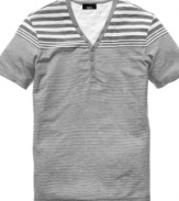 Raise the style Bar. This henley t-shirt is ready to go with your seasonal style.