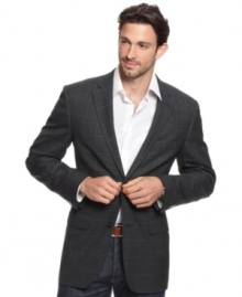 With a hint of color, this charcoal windowpane sport coat from Tasso Elba wakes up your work wardrobe.