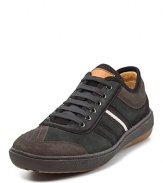 A super-modern sneaker from Bally, with contoured suede, leather and nylon panels and heavy stitching and stripe accents.