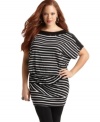 Link up your leggings with Baby Phat's short sleeve plus size tunic top, rocking stripes and sequins!