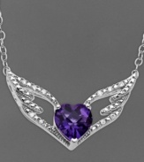 Top-notch sparkle. A stunning heart-shaped amethyst (1-1/8 ct. t.w.) is cradled between two diamond-accented wings in this pretty pendant necklace. Crafted in sterling silver. Approximate length: 18 inches. Approximate drop length: 1/2 inch. Approximate drop width: 2-1/2 inches.