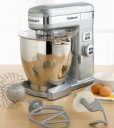 Take charge of your baking and start mixing bigger batches with professional power and an assortment of helpful attachments to handle any task. A die-cast metal body is built for durability while the polished stainless steel bowl has the capacity for even the biggest baking jobs. Three-year limited product warranty. Five-year motor warranty.