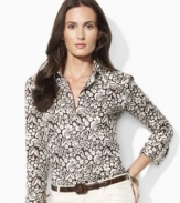 This lustrous cotton sateen Lauren by Ralph Lauren shirt is elegantly tailored with three-quarter sleeves in an earthy floral print for a hint of bohemian chic.